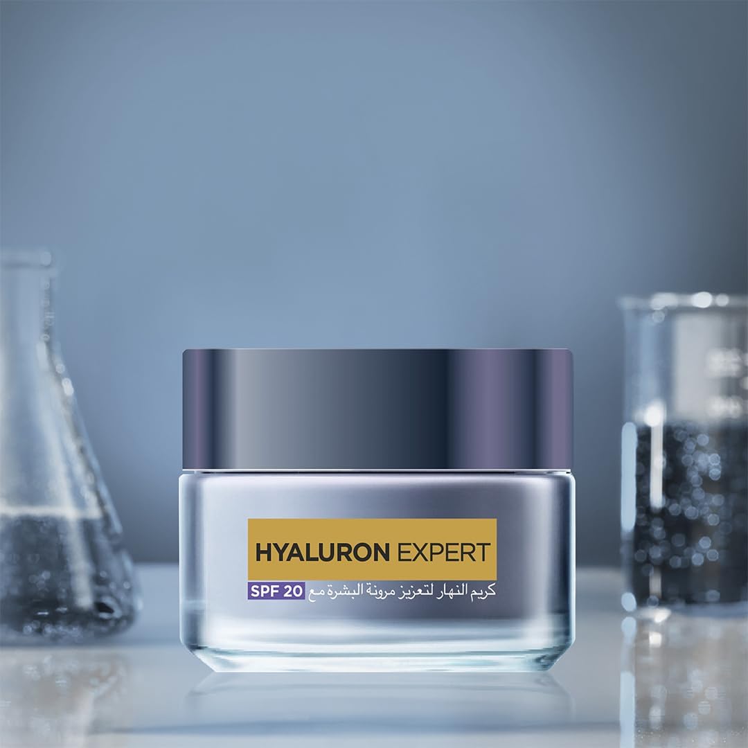 Refect Beauty L'Oréal Paris Hyaluron Expert Day Cream jar with SPF 20 in a laboratory setting
