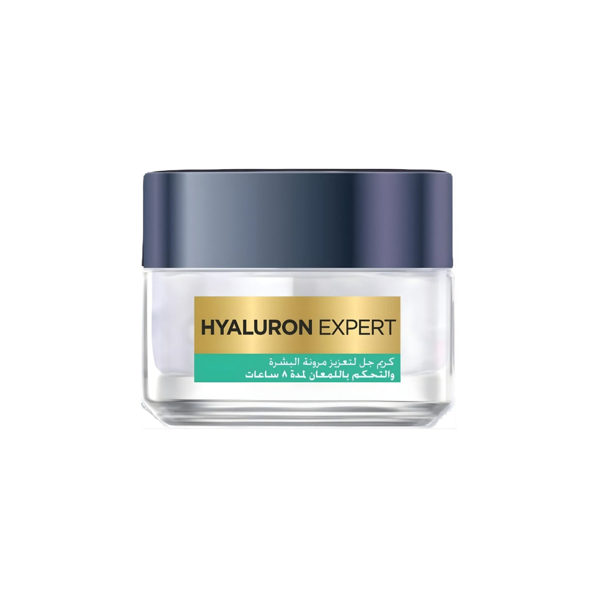 Refect Beauty L'Oreal Paris Hyaluron Expert Shine Control Replumping Gel Cream in a clear glass jar with a dark lid.