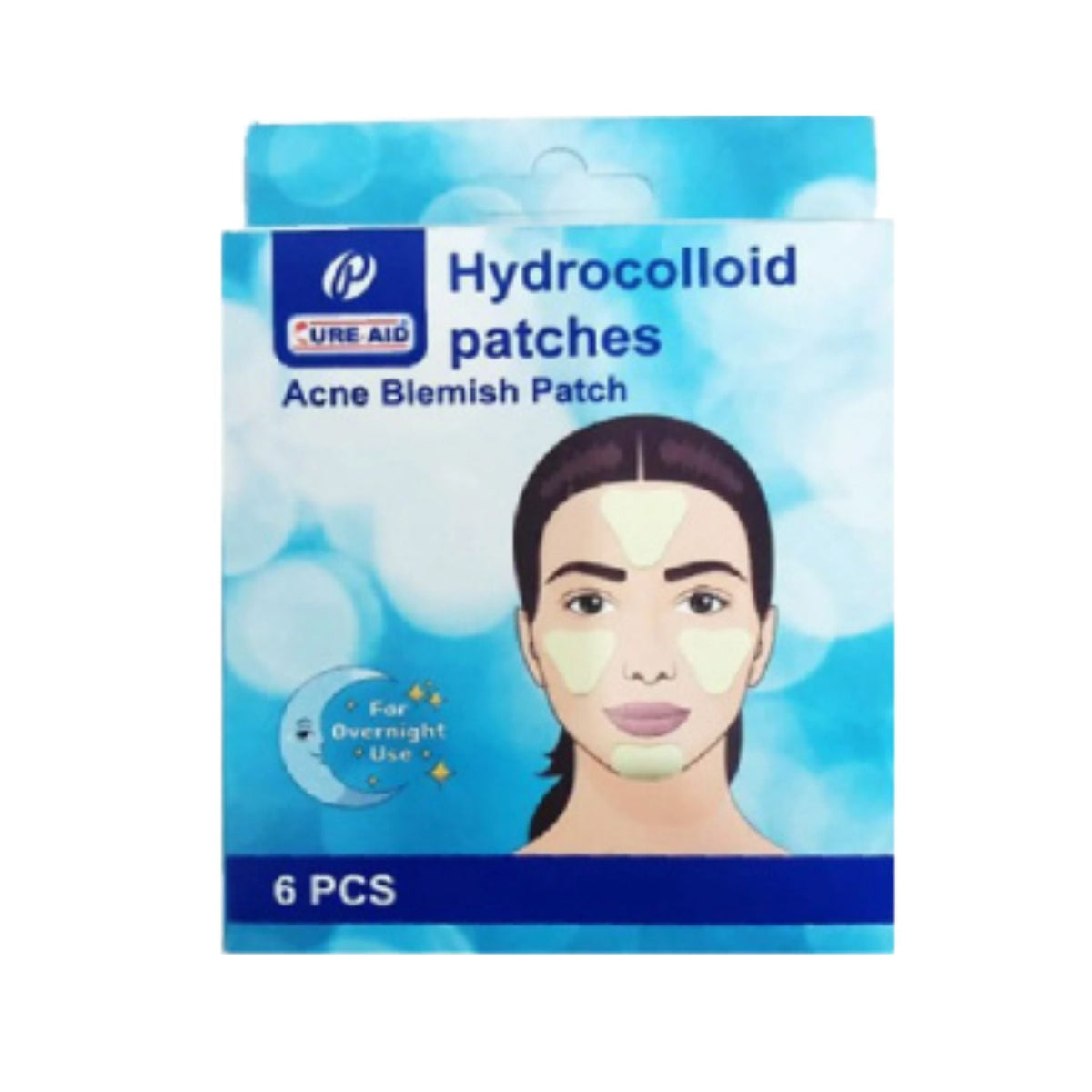 Refect Beauty Cure-Aid hydrocolloid acne blemish patches in blue packaging with illustration of facial application