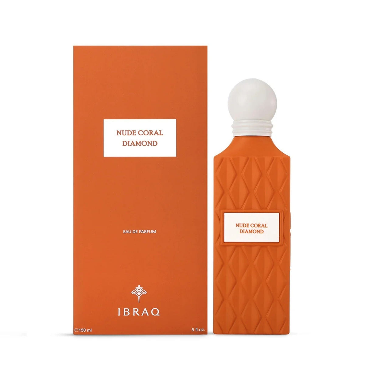 Refect Beauty IBRAQ Nude Coral Diamond Eau de Parfum bottle and matching orange box with diamond-textured glass