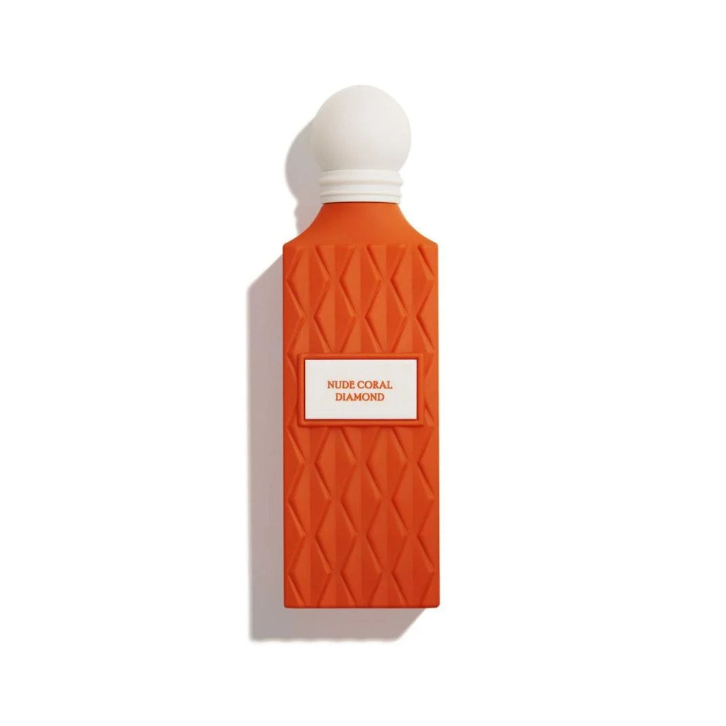Refect Beauty IBRAQ Nude Coral Diamond eau de parfum in a tall orange textured bottle with a white spherical cap.