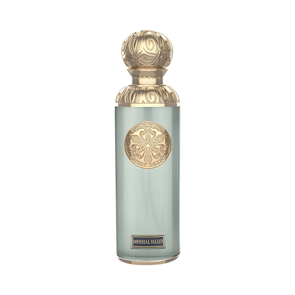 Refect Beauty GISSAH Imperial Valley unisex fragrance in a light green glass bottle with an ornate gold cap.