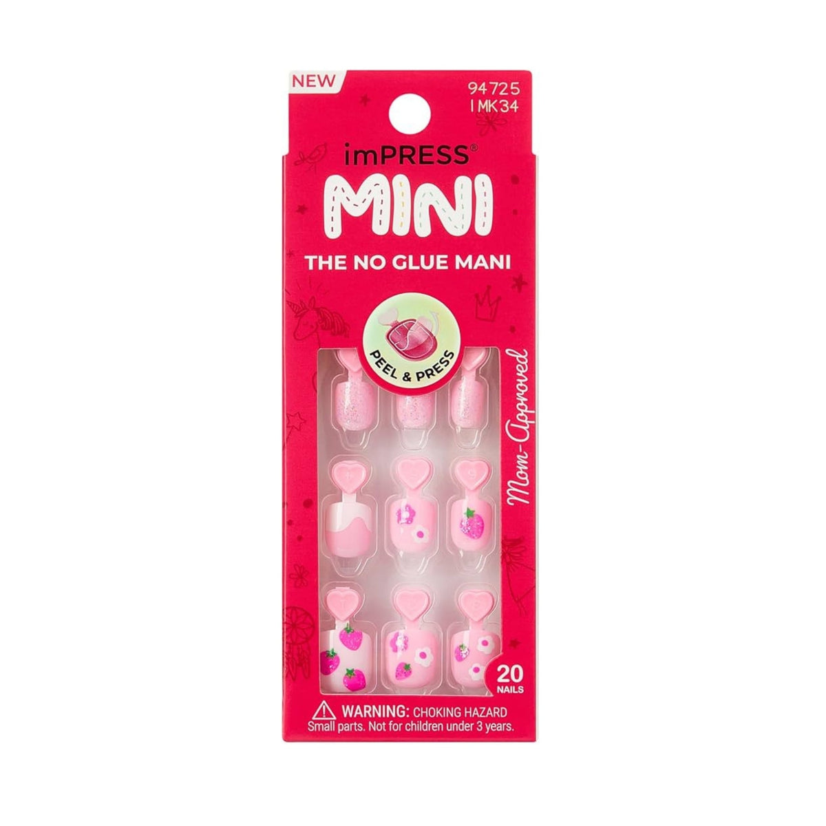 Refect Beauty imPRESS Mini press-on nails for kids in Berry Cute design with pink strawberry and heart patterns