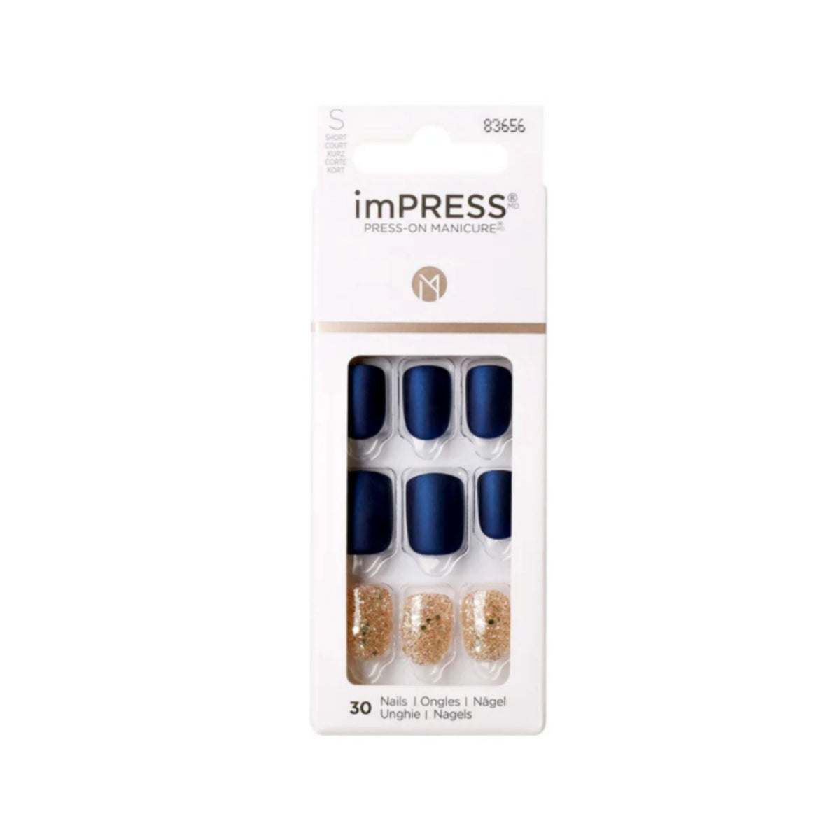 Refect Beauty KISS imPRESS Wannabe Star press-on nails featuring matte navy blue and gold glitter accent nails.
