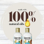 Refect Beauty Inecto Naturals Argan conditioner bottles featuring 100 percent natural oils branding on a wood background