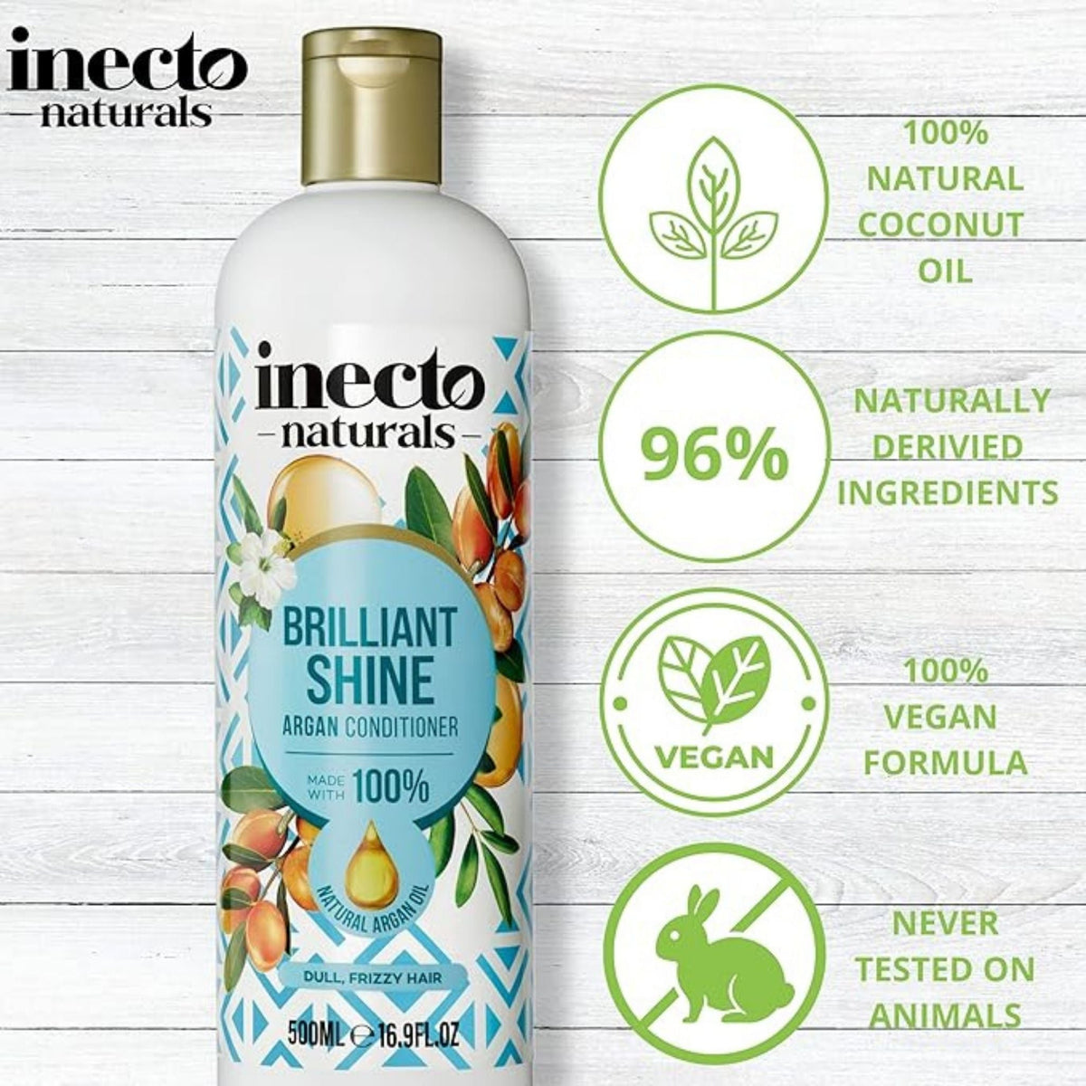 Refect Beauty Inecto Naturals Argan Conditioner bottle with natural ingredients and vegan certification icons