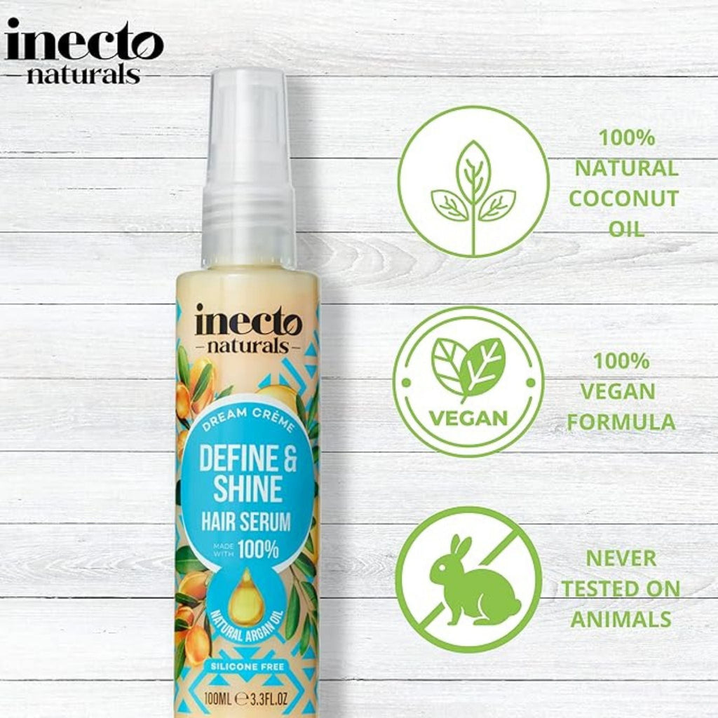 Refect Beauty Inecto Naturals Argan Oil hair serum bottle with vegan and cruelty-free icons on a wooden background
