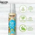 Refect Beauty Inecto Naturals Argan Oil hair serum bottle with vegan and cruelty-free icons on a wooden background
