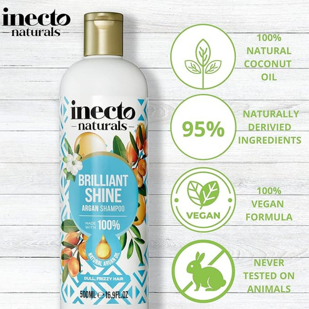 Refect Beauty Inecto Naturals Brilliant Shine Argan Shampoo bottle with natural ingredients and vegan icons