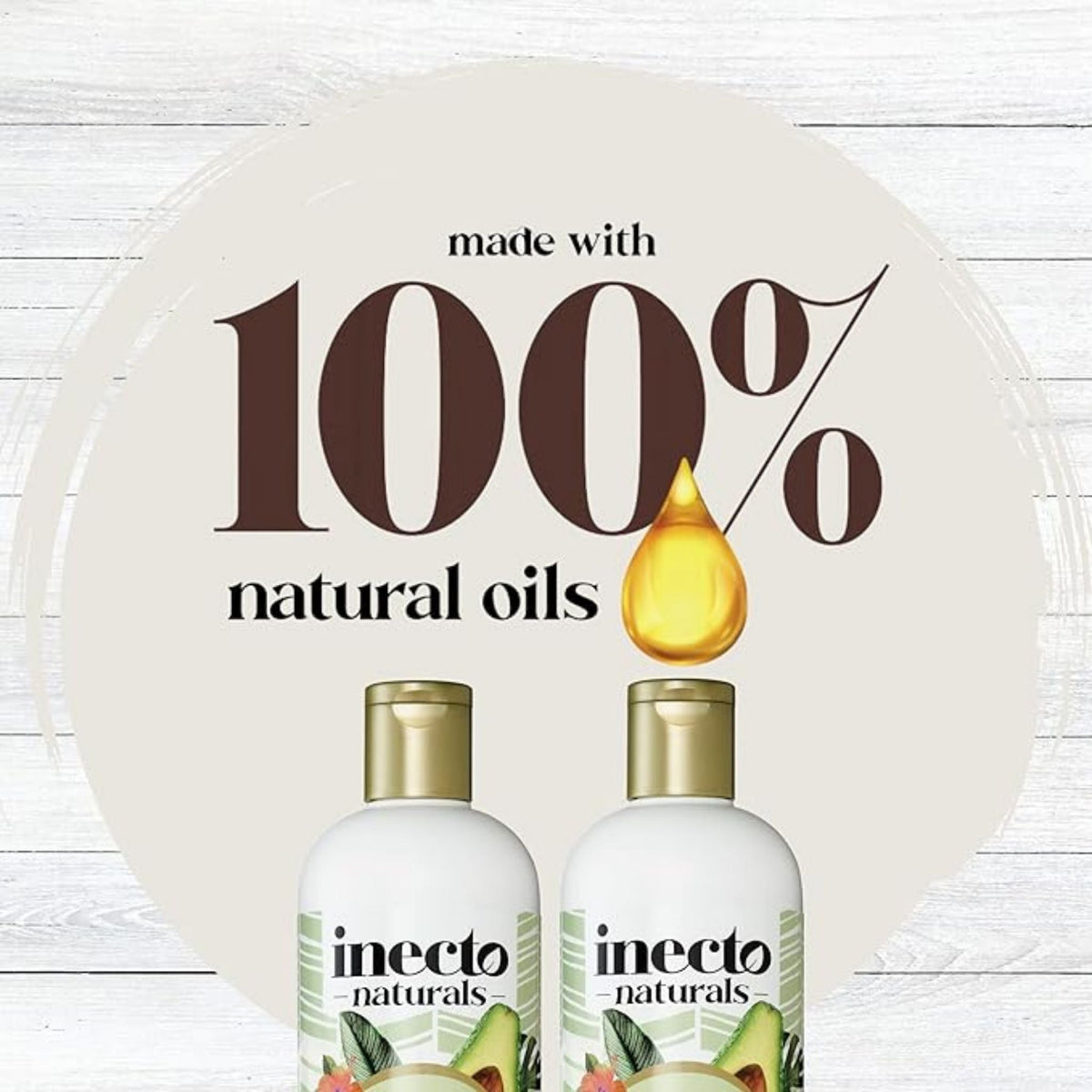 Refect Beauty Inecto Naturals Avocado Shampoo bottles featuring 100 percent natural oils branding on a rustic background