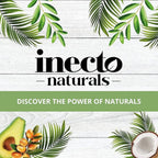 Refect Beauty Inecto Naturals branding featuring tropical leaves, avocado, argan nuts, and coconut on white wood.