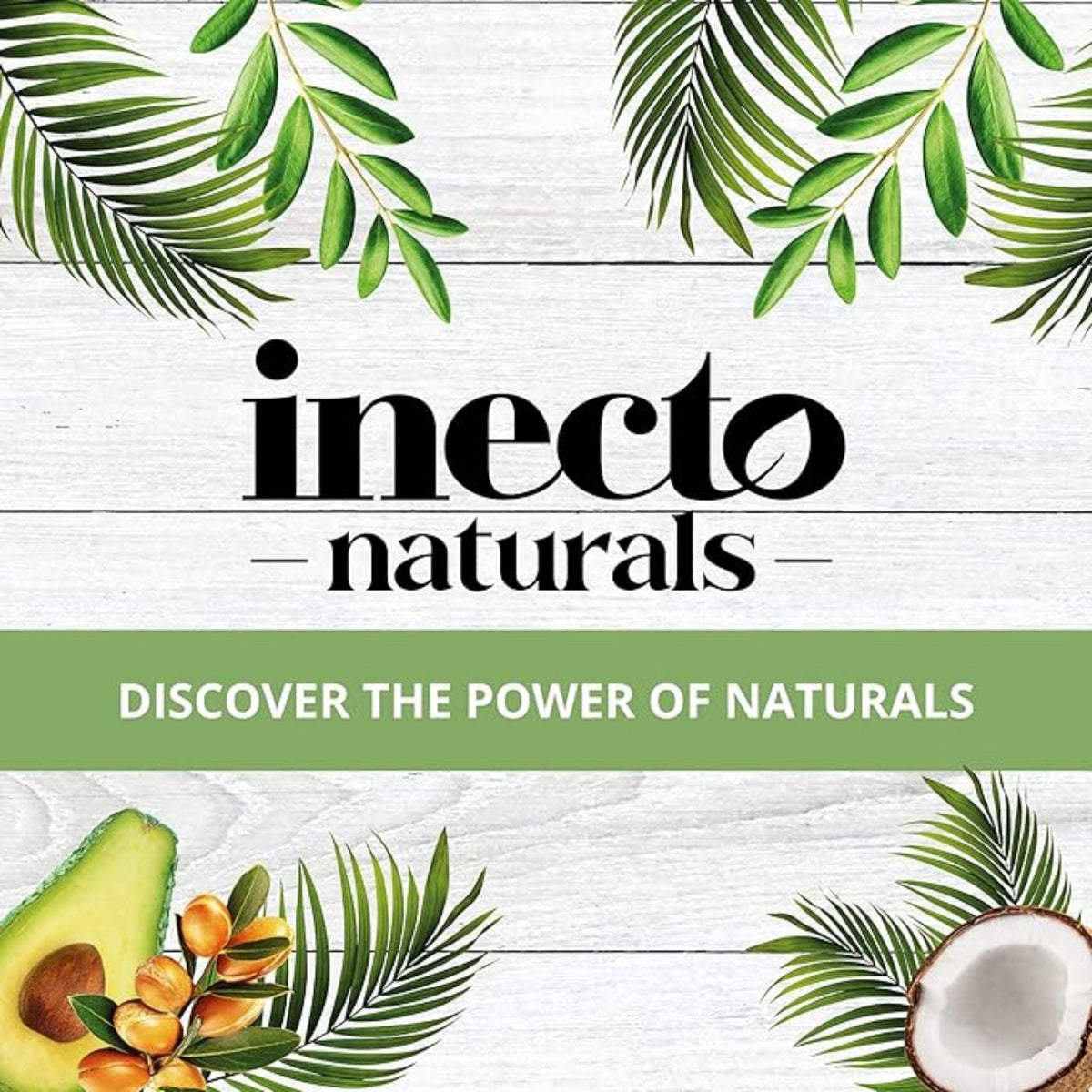Refect Beauty Inecto Naturals branding featuring tropical leaves, avocado, argan nuts, and coconut on white wood.