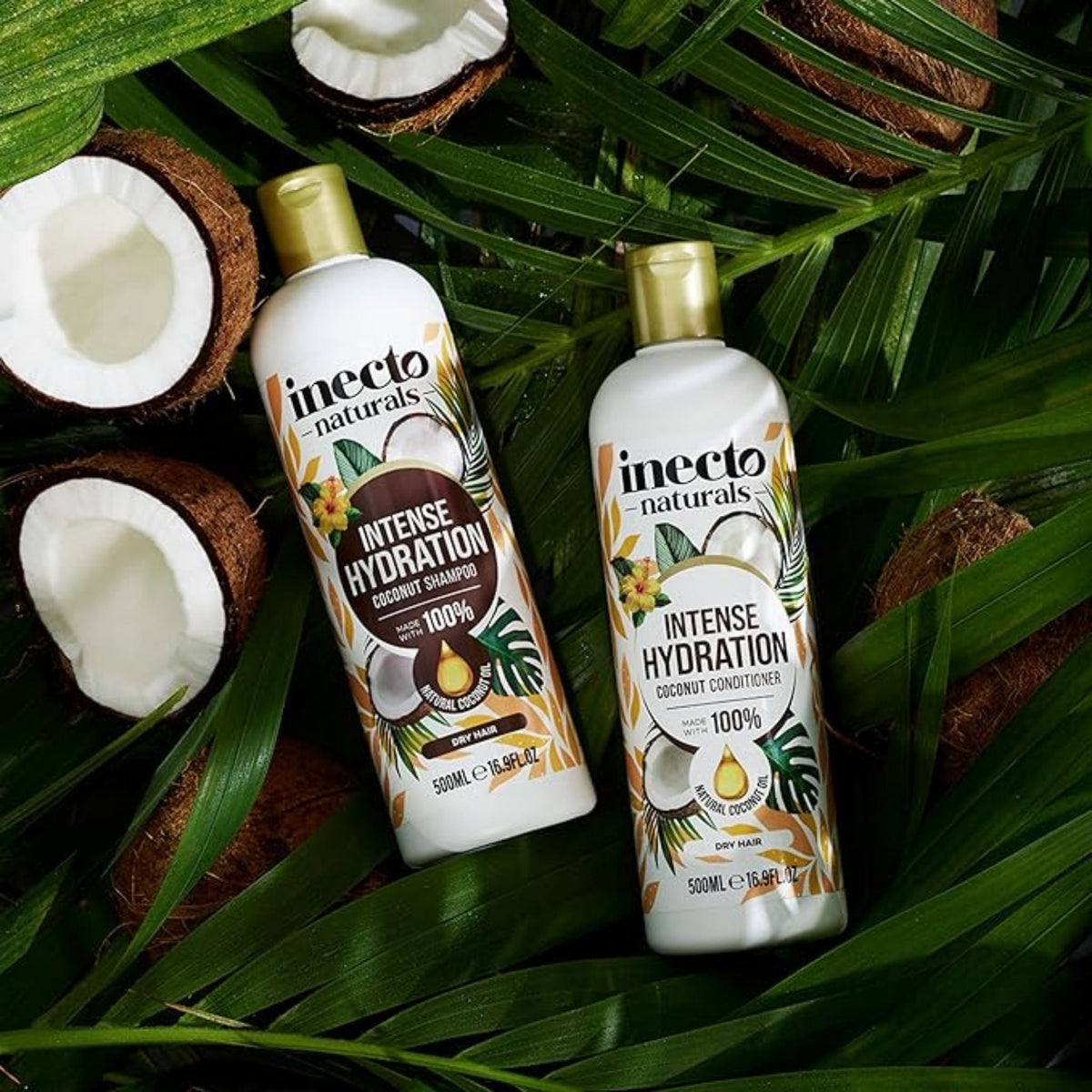 Refect Beauty Inecto Naturals coconut shampoo and conditioner bottles on a bed of tropical palm leaves and coconuts.