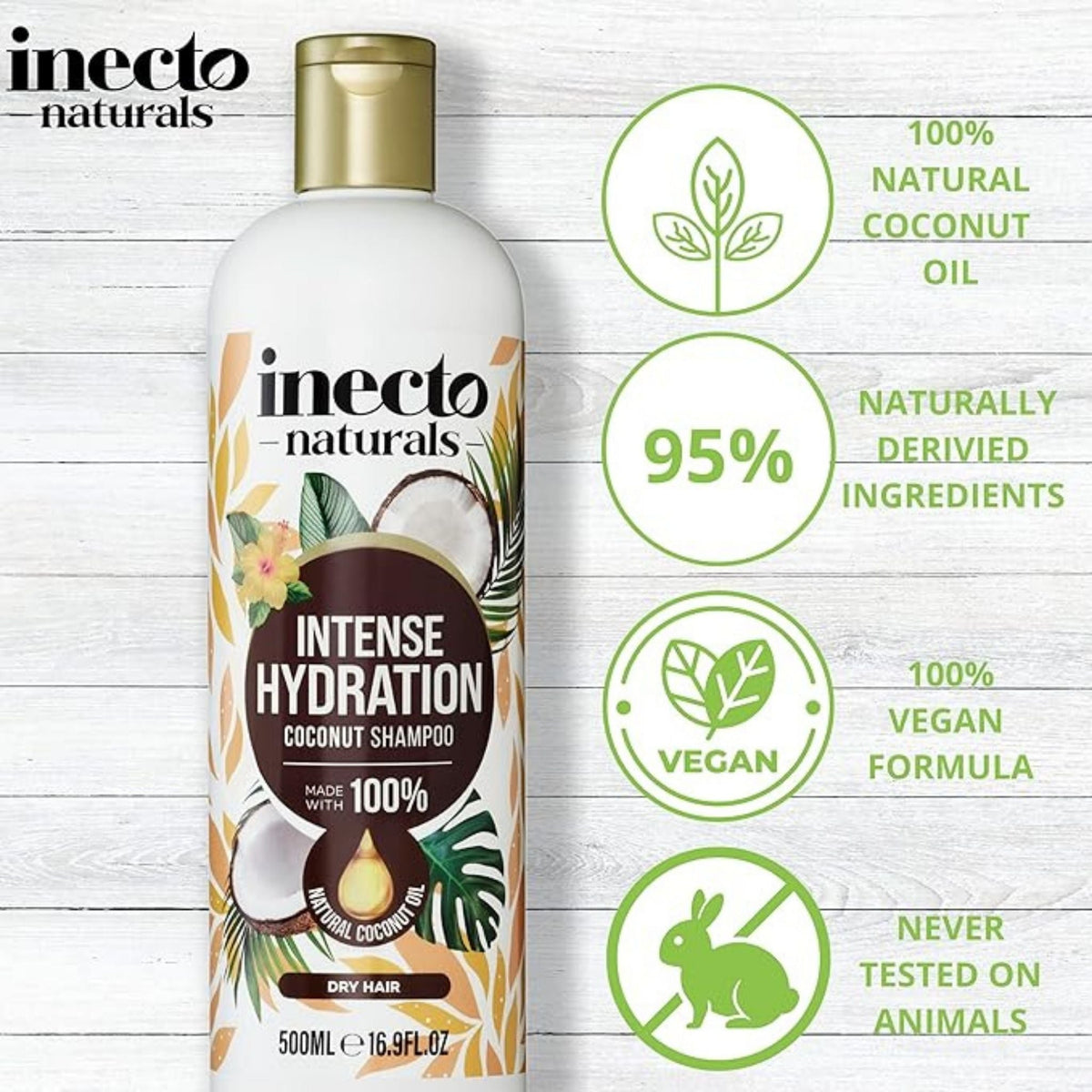 Refect Beauty Inecto Naturals coconut shampoo bottle with tropical design, highlighting natural and vegan ingredients.