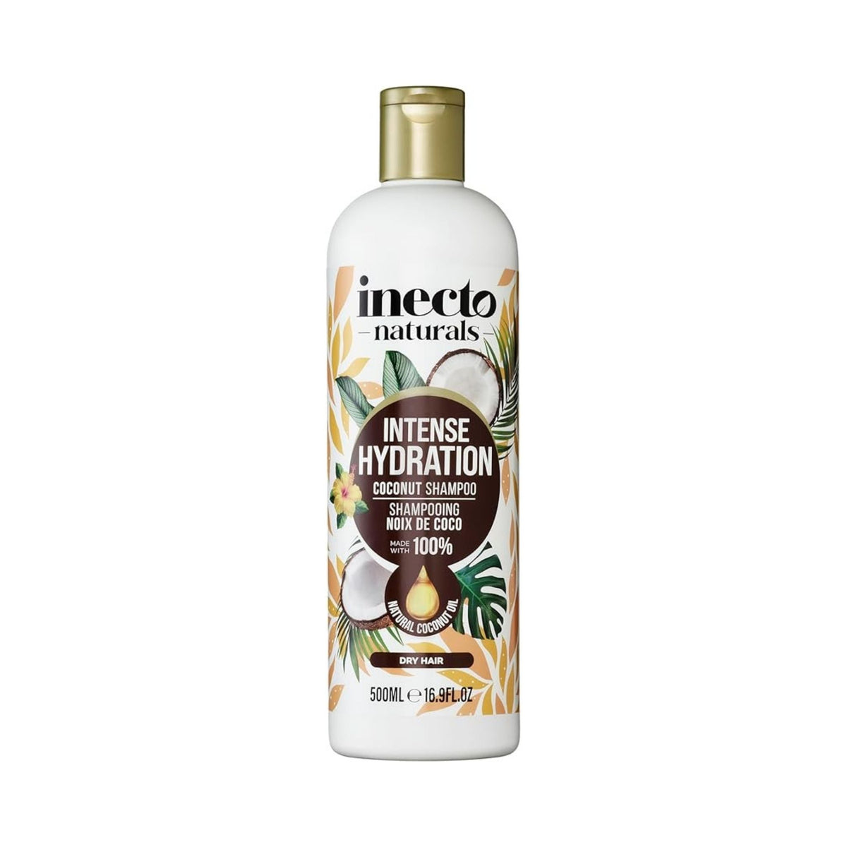 Refect Beauty Inecto Naturals coconut shampoo bottle for dry hair with tropical leaf and coconut illustrations