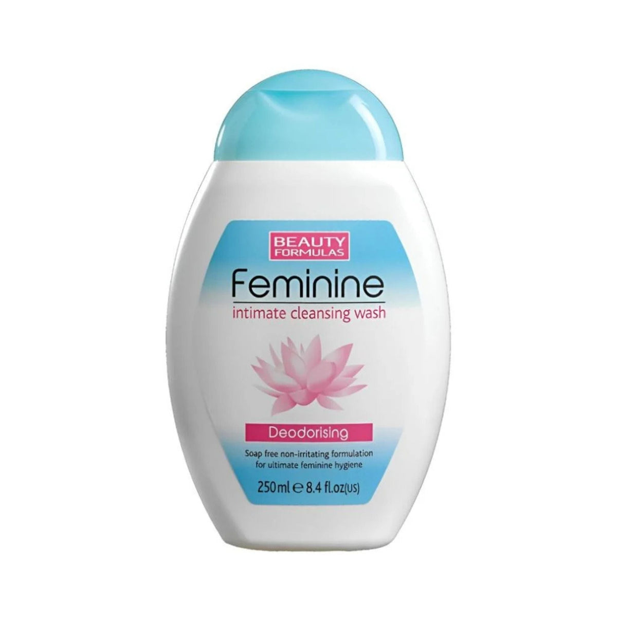 Refect Beauty Beauty Formulas intimate cleansing wash in a white bottle with a light blue cap and lotus flower design