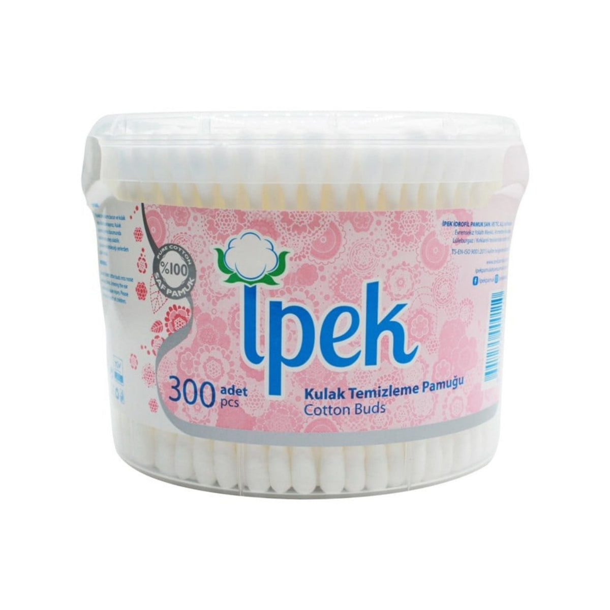 Refect Beauty Ipek cotton buds in a round 300-piece plastic container with soft white tips and paper sticks