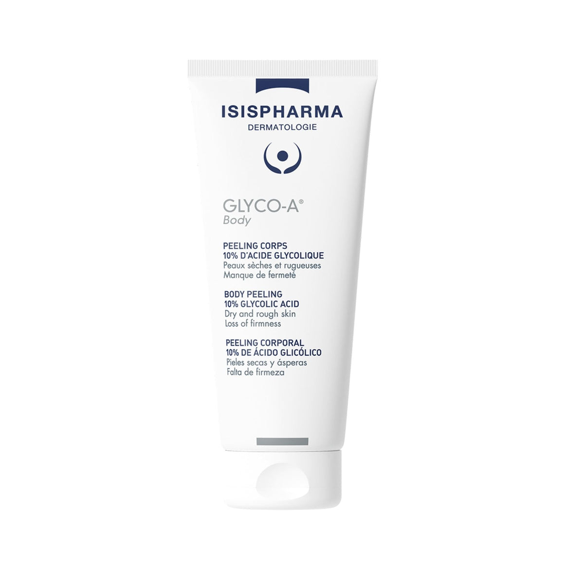 Refect Beauty Isis Pharma Glyco-A Body Peeling tube with 10% glycolic acid for exfoliating dry and rough skin.