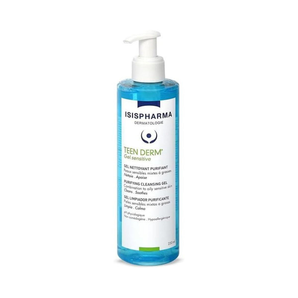 Refect Beauty Isis Pharma Teen Derm Gel sensitive purifying face wash in a 250ml pump bottle for oily sensitive skin