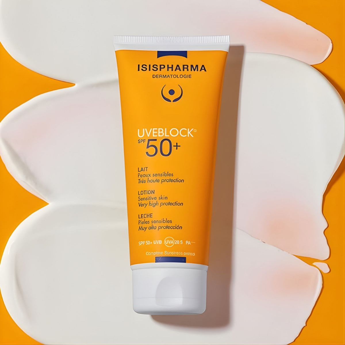Refect Beauty Isis Pharma Uveblock SPF 50+ body lotion tube on a white cream smear against an orange background.