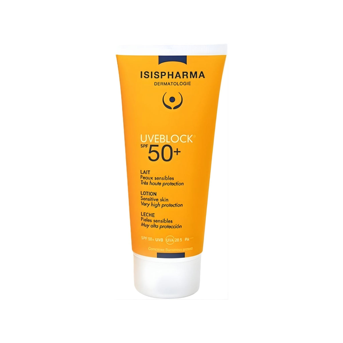 Refect Beauty Isis Pharma Uveblock SPF 50+ body lotion in a yellow tube for sensitive skin sun protection.