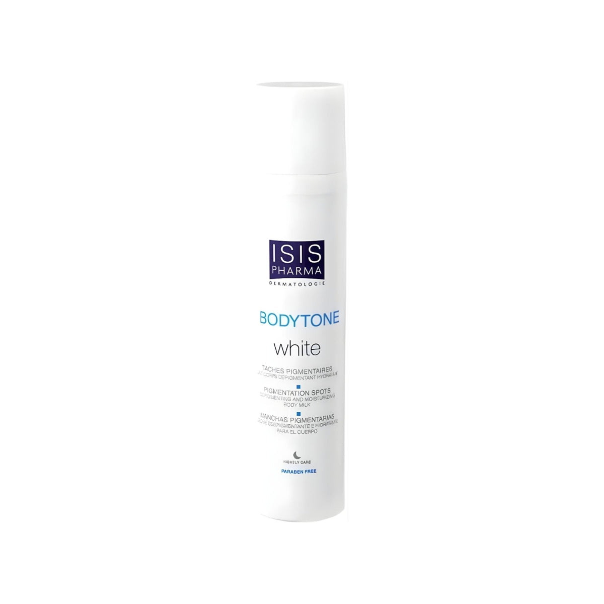 Refect Beauty Isispharma Bodytone White depigmenting body milk for dark spots and sensitive areas in a white bottle.