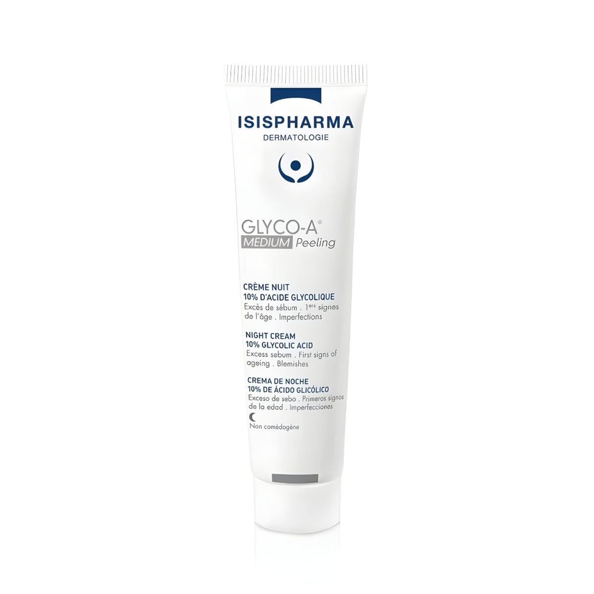 Refect Beauty Isispharma Glyco-A 10% glycolic acid medium peeling night cream in a white 30ml tube.