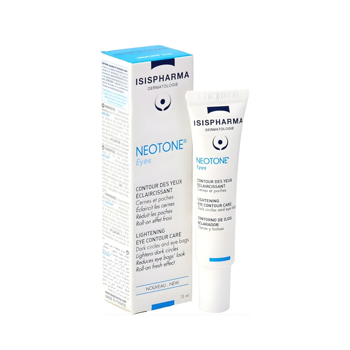 Refect Beauty Isispharma Neotone Eyes Contour Cream with roll-on applicator and box for dark circles and puffiness.