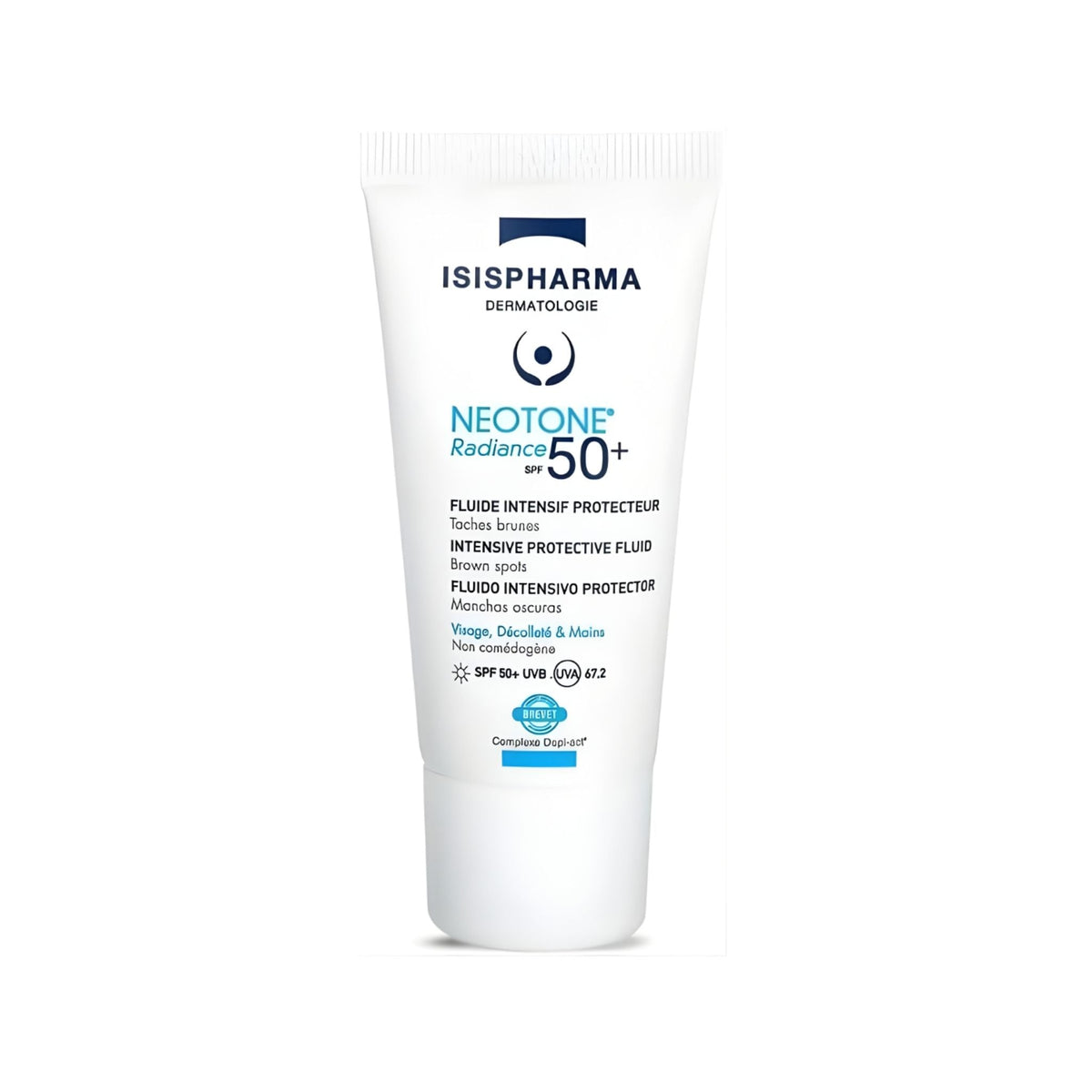 Refect Beauty Isispharma Neotone Radiance SPF 50+ intensive protective fluid for dark spots in a white squeeze tube.