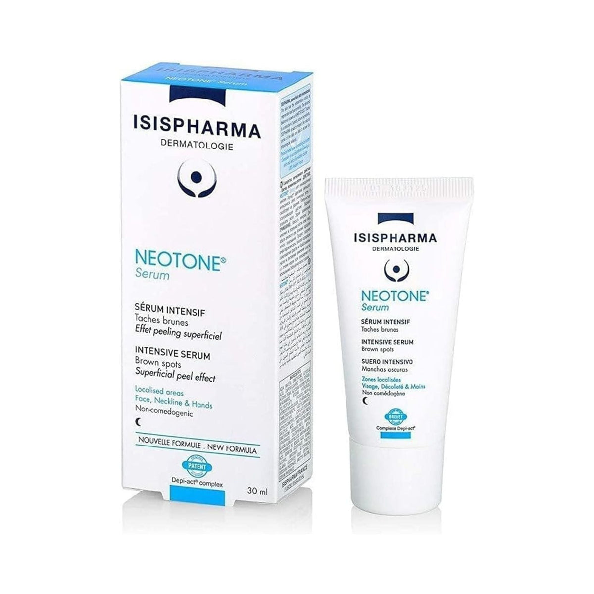 Refect Beauty Isispharma Neotone intensive serum for dark spots and uneven skin tone in a white tube and box.