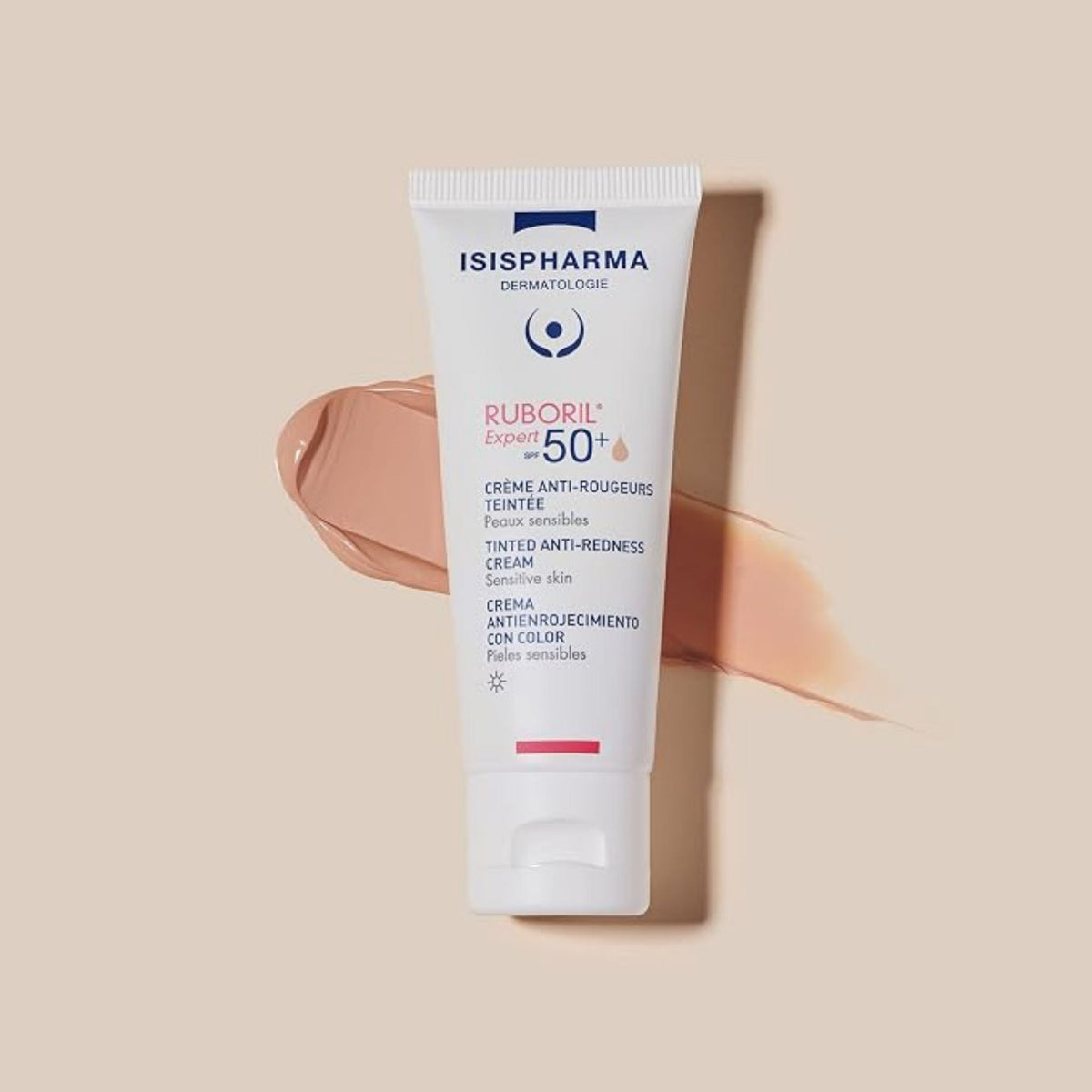 Refect Beauty Isispharma Ruboril Expert SPF 50+ tinted anti-redness cream tube with a swatch of the beige formula.