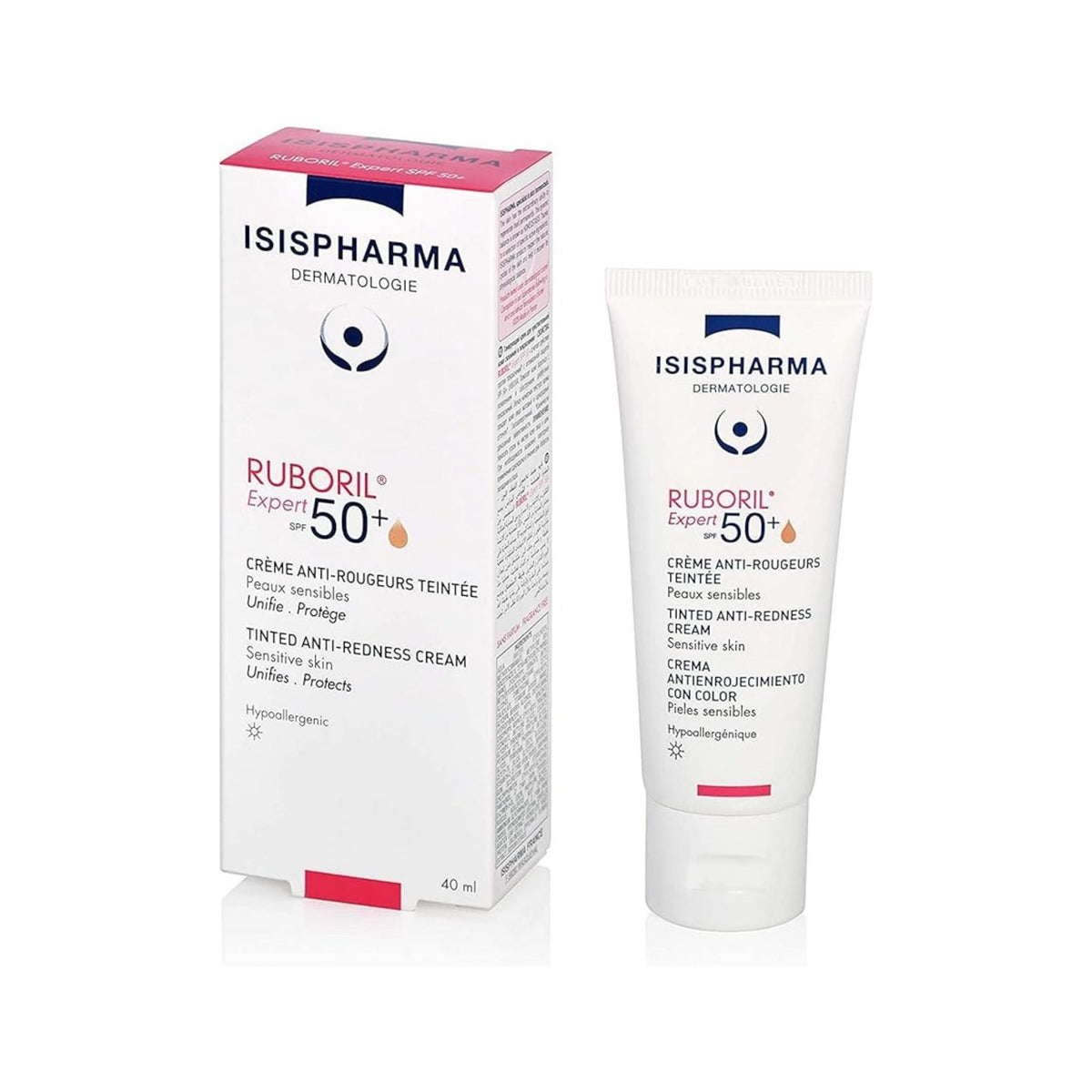 Refect Beauty Isispharma Ruboril Expert SPF 50+ tinted anti-redness cream and box for sensitive skin
