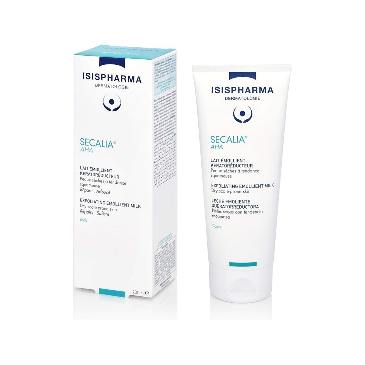 Refect Beauty Isispharma Secalia A.H.A exfoliating emollient milk for dry, scale-prone skin in tube and box packaging.