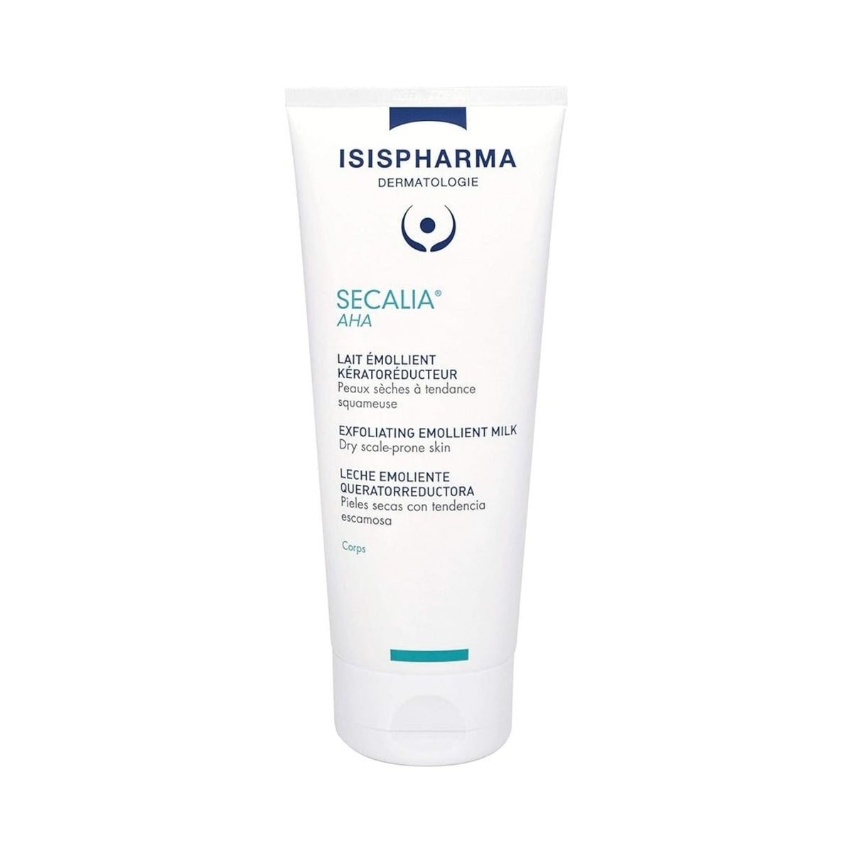 Refect Beauty Isispharma Secalia A.H.A exfoliating emollient milk for dry, scale-prone skin in a white squeeze tube.
