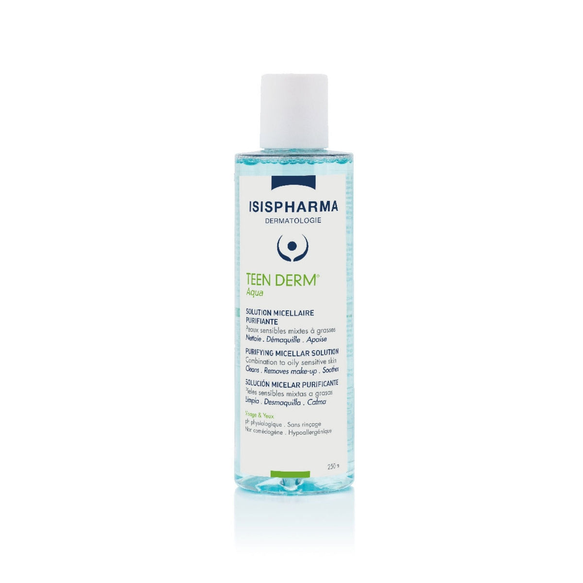 Refect Beauty Isispharma Teen Derm Aqua purifying micellar solution for oily and sensitive skin in a 250ml bottle.