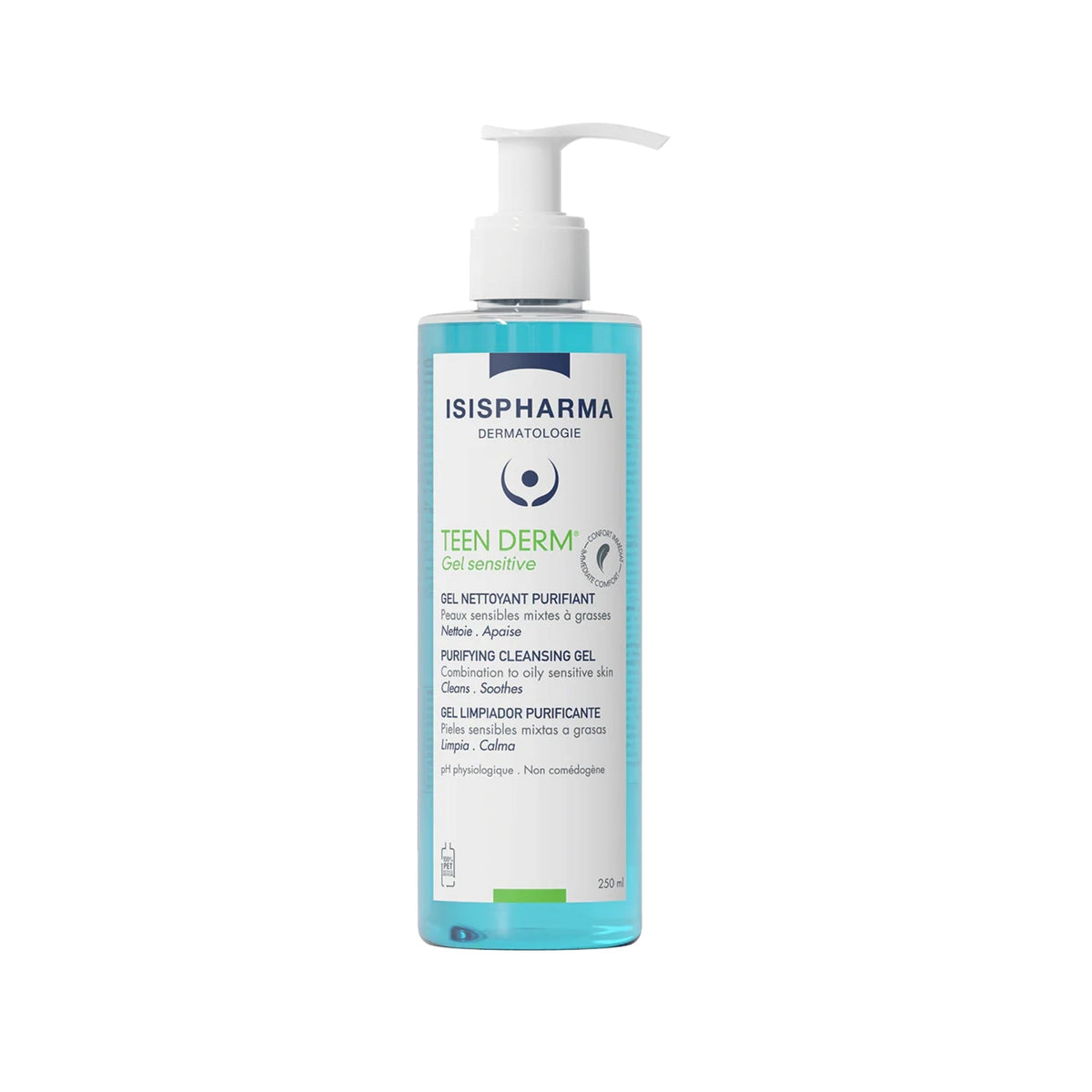 Refect Beauty Isispharma Teen Derm Gel Sensitive purifying face wash for oily and sensitive skin in a pump bottle.