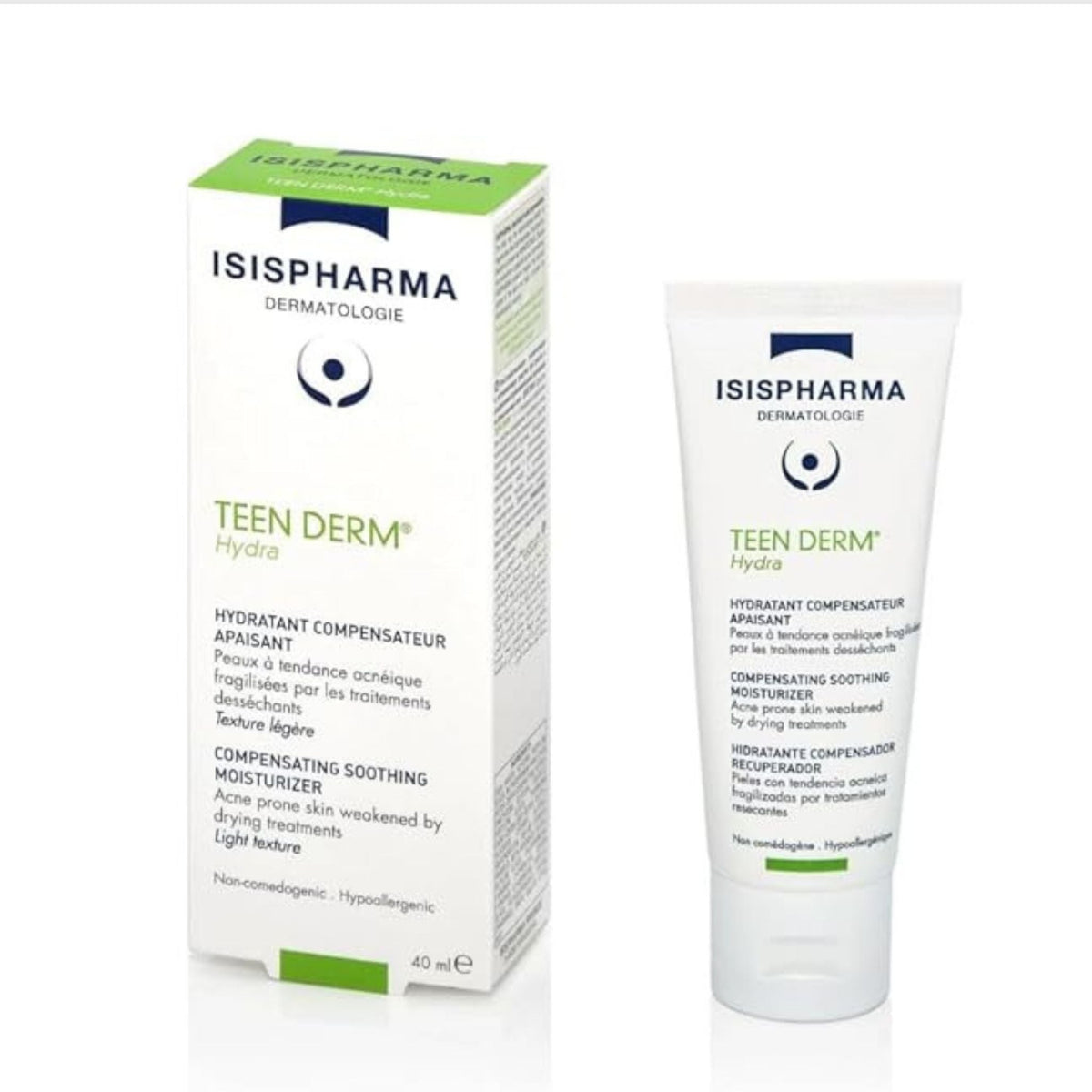 Refect Beauty Isispharma Teen Derm Hydra compensating soothing moisturizer for oily, acne-prone skin in 40ml tube.