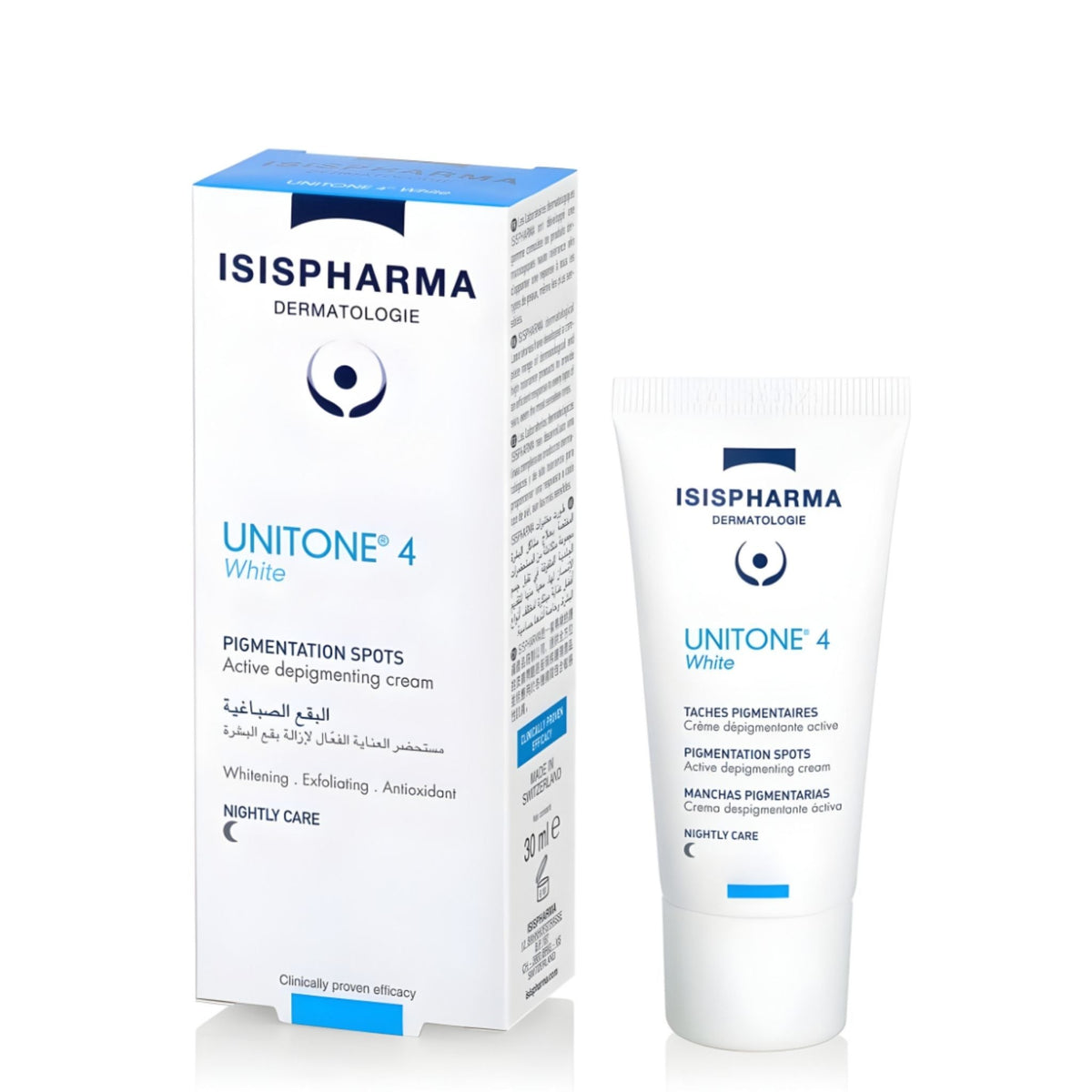 Refect Beauty Isispharma Unitone 4 White Advanced Serum and box for reducing dark spots and brightening skin tone.