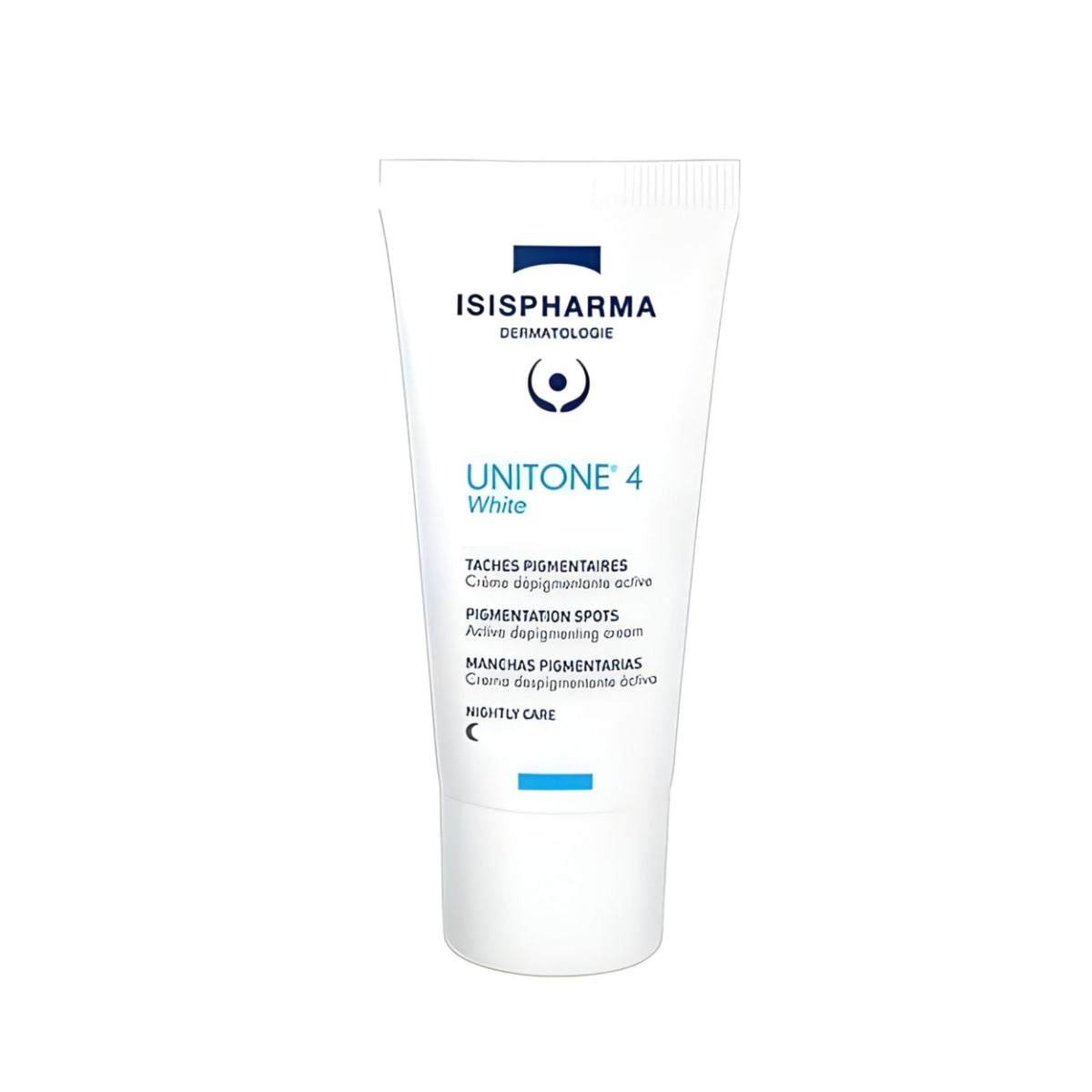 Refect Beauty Isispharma Unitone 4 White Advanced Serum in a white tube for night-time dark spot treatment.