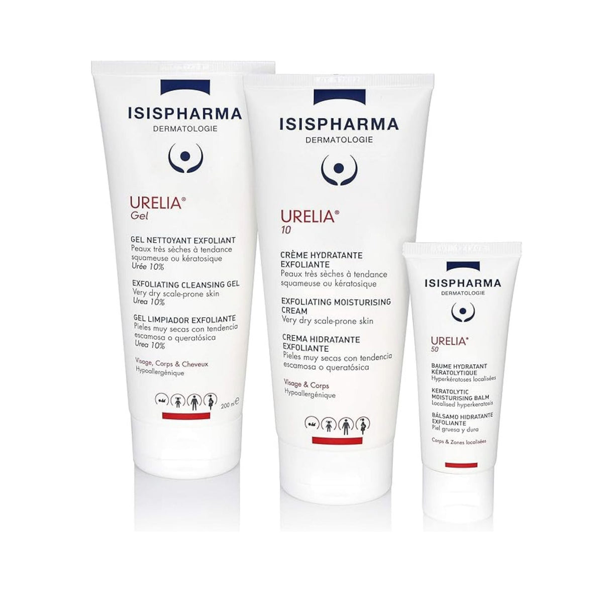 Refect Beauty Isispharma Urelia skincare range including exfoliating cleansing gel, moisturizing cream, and balm.