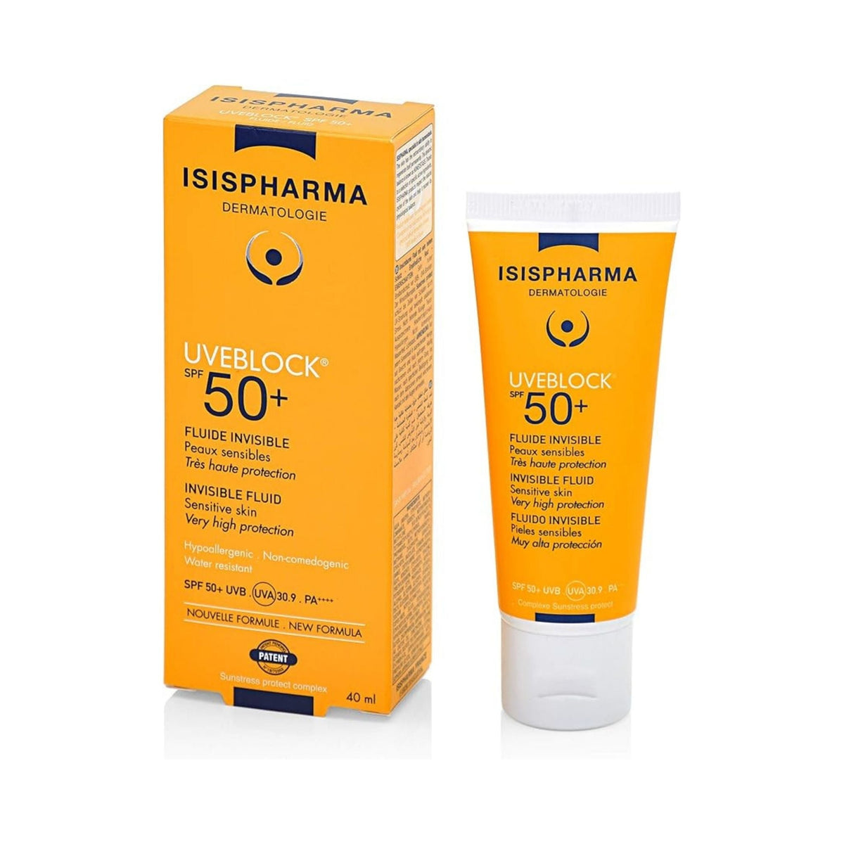 Refect Beauty Isispharma Uveblock SPF 50+ invisible fluid sunscreen for sensitive oily skin in orange packaging