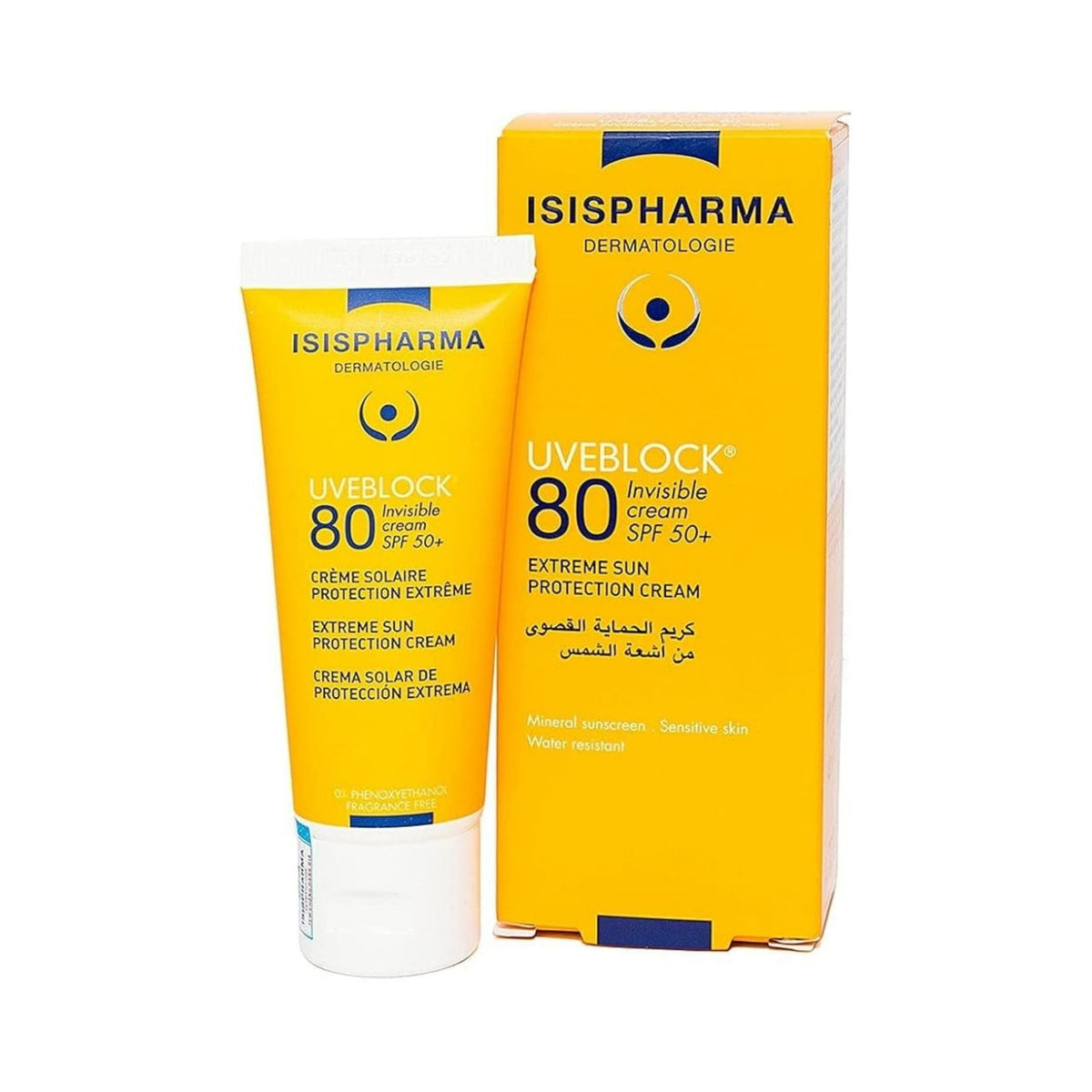 Refect Beauty IsisPharma Uveblock SPF 80 tinted sunscreen cream in a yellow tube and matching product box.