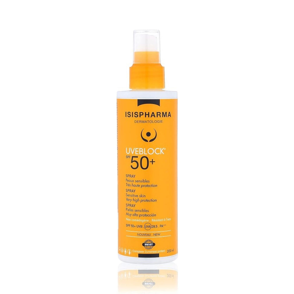 Refect Beauty Isispharma Uveblock SPF50+ sunscreen spray bottle for high UVA and UVB protection on sensitive skin.