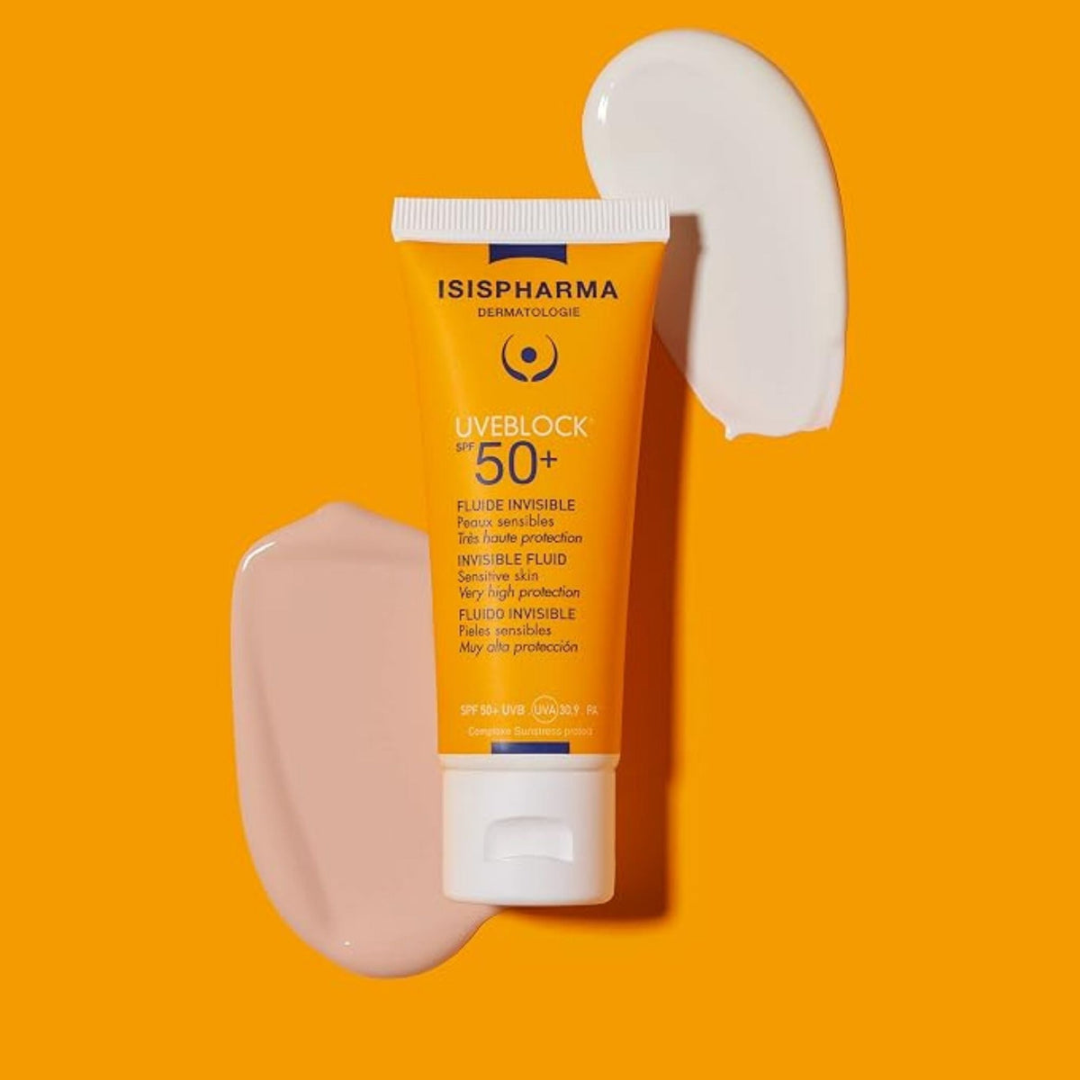 Refect Beauty Isispharma Uveblock SPF 50+ invisible fluid sunscreen for sensitive oily skin with cream swatches