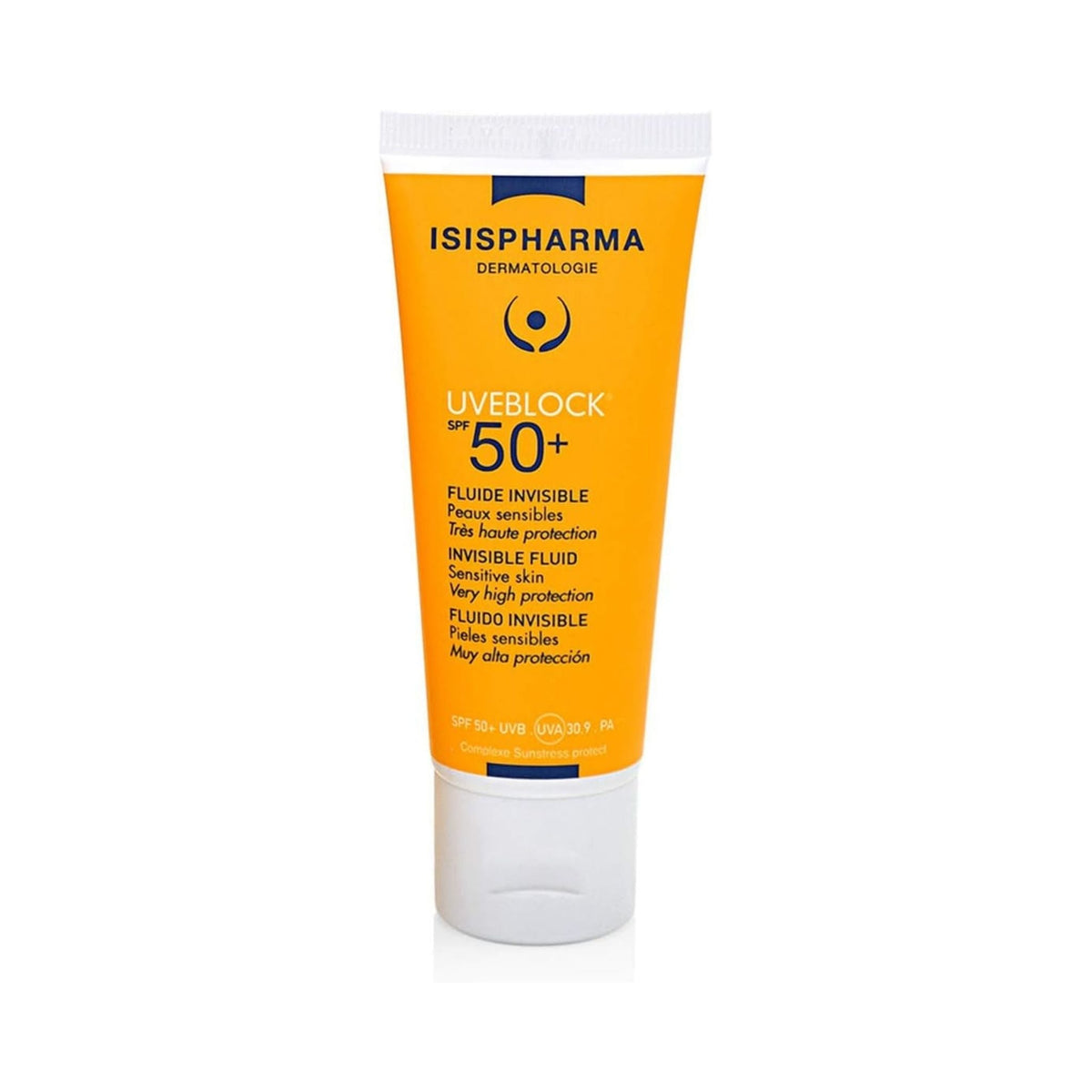 Refect Beauty Isispharma Uveblock SPF 50+ invisible fluid sunscreen in a yellow tube for sensitive oily skin.