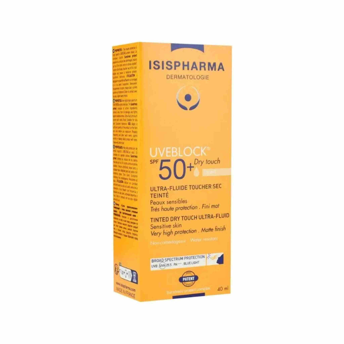 Refect Beauty Isispharma Uveblock SPF50+ light tinted dry touch sunscreen for oily and sensitive skin in a box