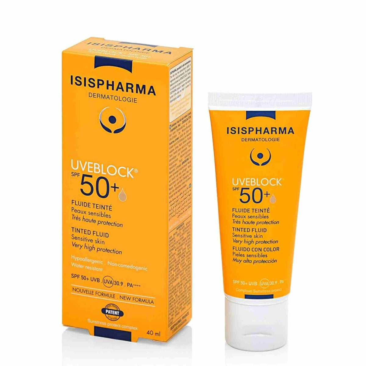 Refect Beauty Isispharma Uveblock SPF 50+ tinted fluid sunscreen in its orange box and white tube for sensitive skin.