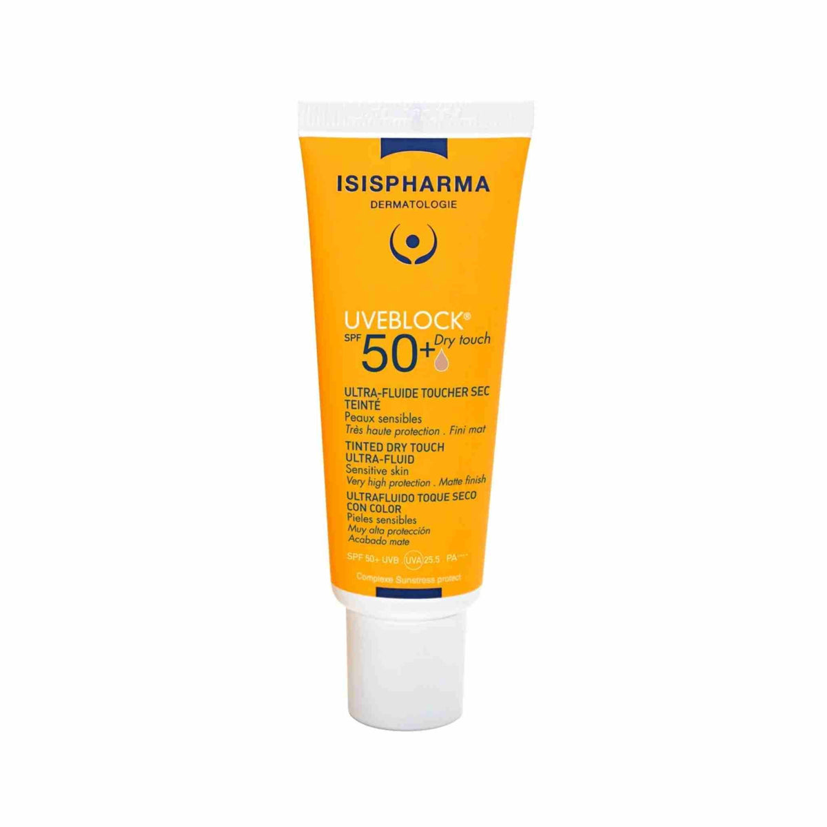 Refect Beauty Isispharma Uveblock SPF50+ tinted dry touch sunscreen in a yellow tube for oily and sensitive skin.