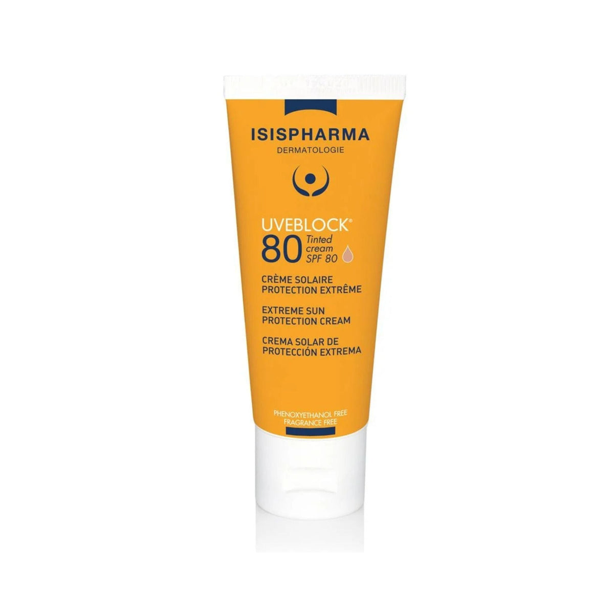 Refect Beauty IsisPharma Uveblock SPF 80 tinted sun protection cream in an orange and white tube for daily skin care.