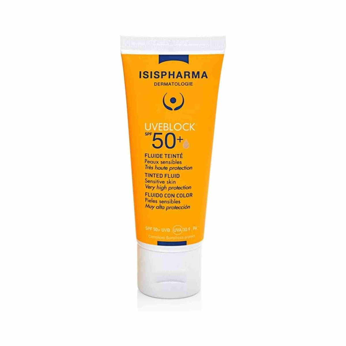 Refect Beauty Isispharma Uveblock SPF 50+ tinted fluid sunscreen in an orange tube for sensitive skin.